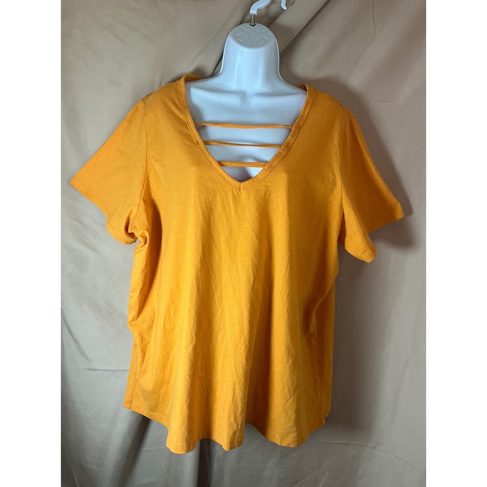 Roaman's T-Shirt Womens 1X Yellow Excellent Strappy V-Neck Cotton Short Sleeve